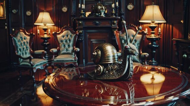 Product Style Footage of a Steampunk Snail on a Mahogany Table in an Ornate Victorian Living Room