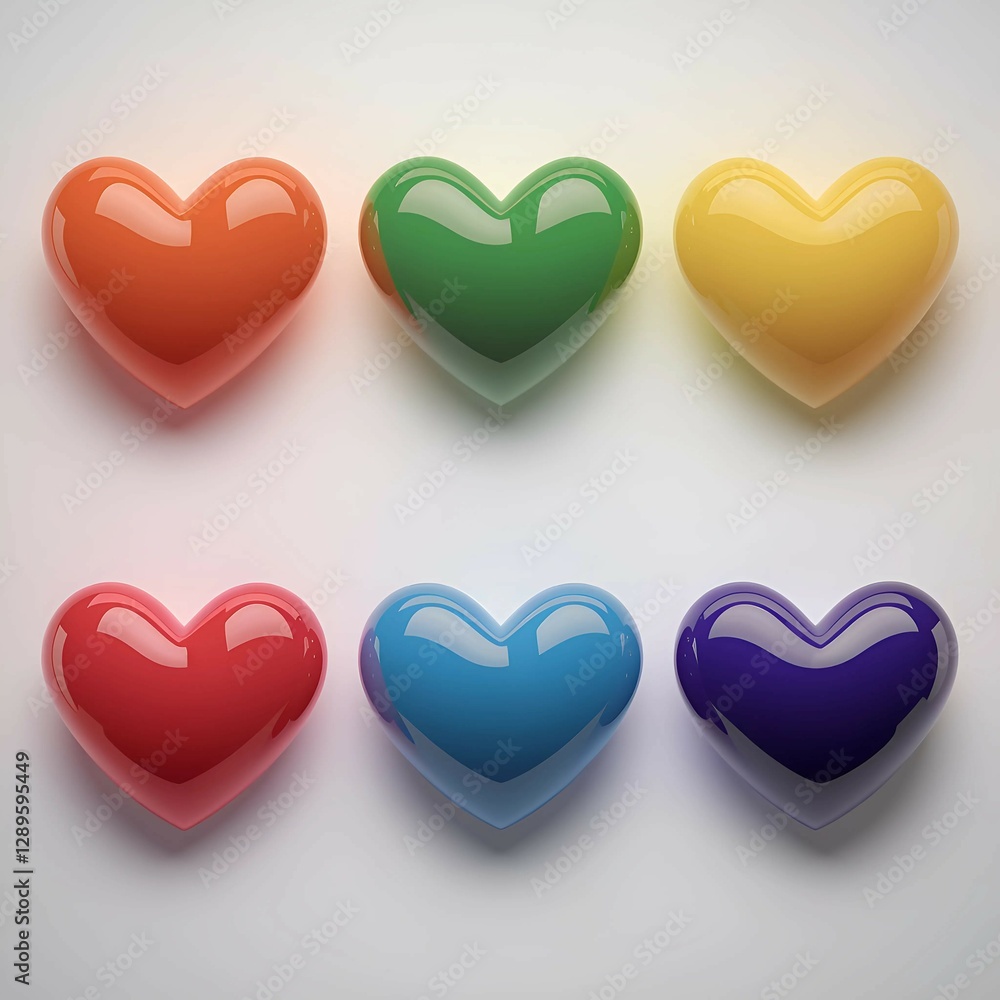 Poster set of colorful 3d hearts with glossy finish arranged in a grid on white