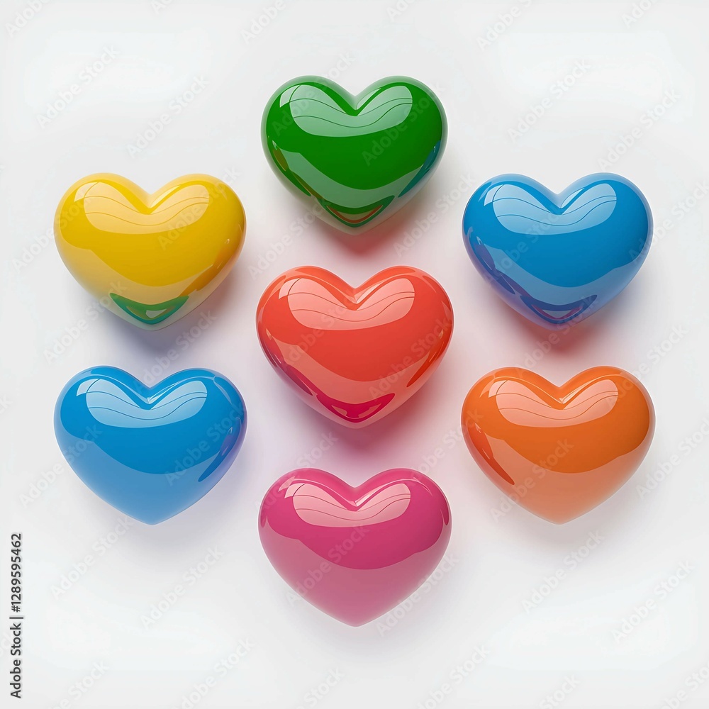 Poster glossy 3d heart shapes in multiple colors on a white background