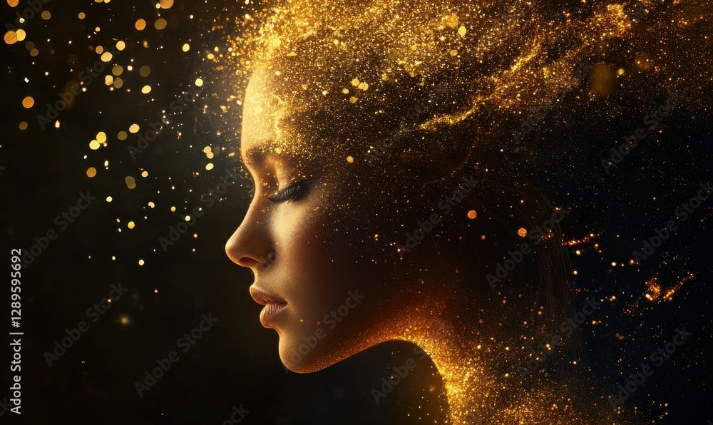 Poster abstract burst of golden light particles floating against a dark background, creating a magical and 