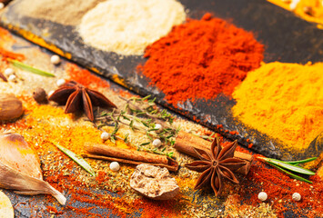 Scattered spices: turmeric, paprika, cardamom, nutmeg, black and allspice