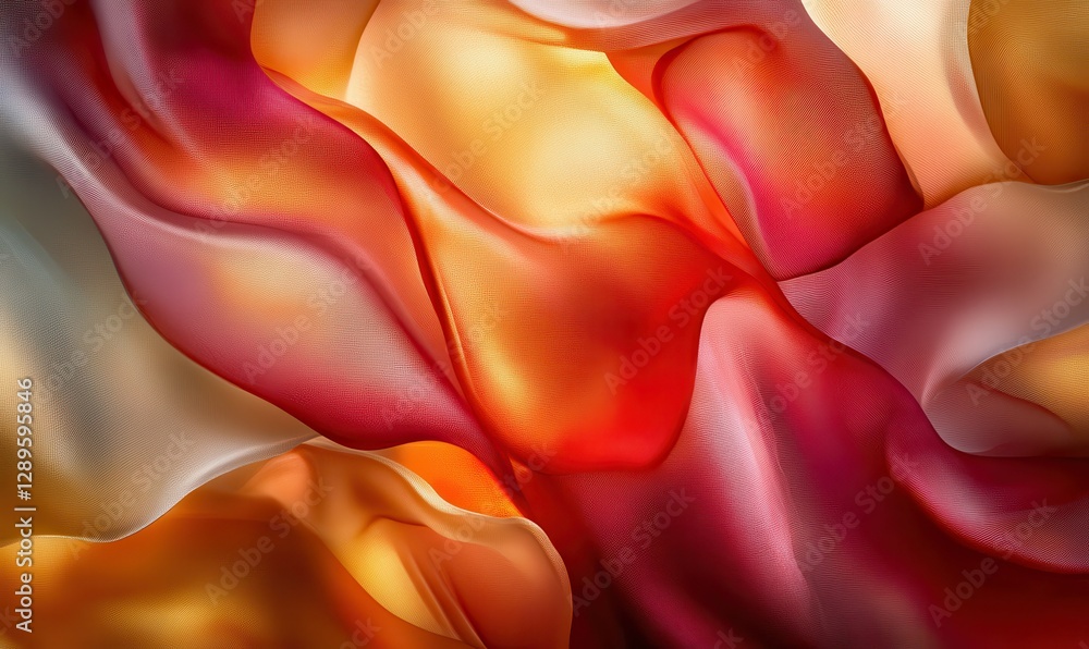 Poster abstract colorful silk fabric folds in shades of red and gold, illuminated by soft light creating a 