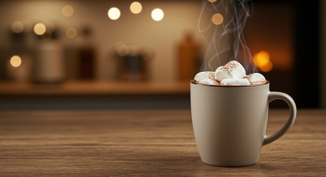 Steaming cup of hot chocolate topped with marshmallows exuding warmth and comfort, inviting indulging moments, set against a softly blurred cozy kitchen background