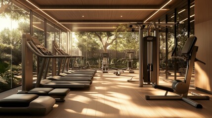 A cleared area with workout machines around it on a wooden floor.