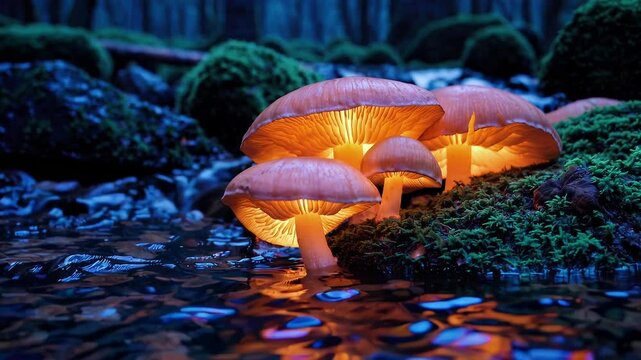 Magic Glowing Mushrooms Growing Along a Tranquil Brook. Cinematic Footage. Commercial / Product Concept Imagery. Animated Background / Live Wallpaper. Three Clips.