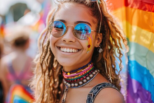 A joyful young woman with curly hair celebrates at a pride festival, wearing colorful accessories and sunglasses. Rainbow flags wave in the background, highlighting the festive atmosphere