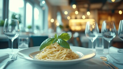 Restaurant spaghetti dinner, basil garnish, bokeh background