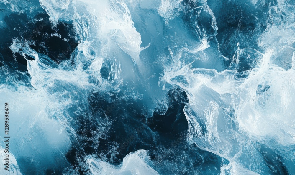 Poster abstract digital waveforms in shades of blue and white glowing dynamically, creating a futuristic an
