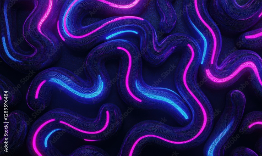 Poster abstract dynamic swirls of neon purple and blue light forming intricate patterns on a black backgrou