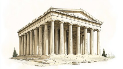 Obraz premium A Greek temple with tall columns, seen on a white background. It is a drawing.
