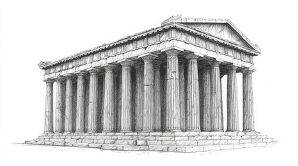 Obraz premium A Greek temple with tall columns, seen on a white background. It is a drawing.