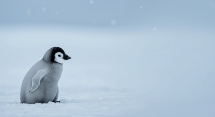 Emperor penguin chick standing on snow in a serene, wintry landscape, evoking a sense of innocence and vulnerability