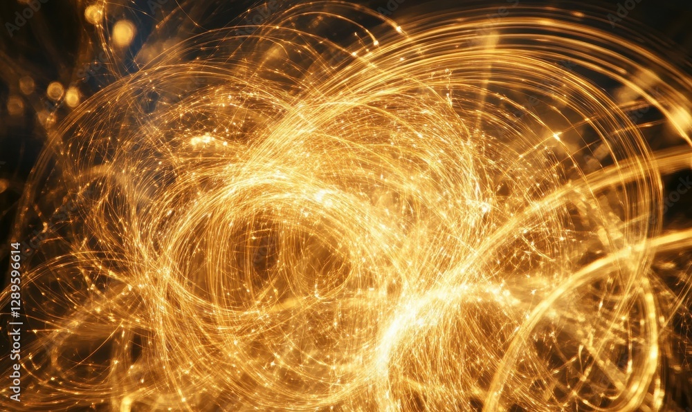 Poster abstract flowing golden light trails scattered dynamically on a dark background illuminated by drama