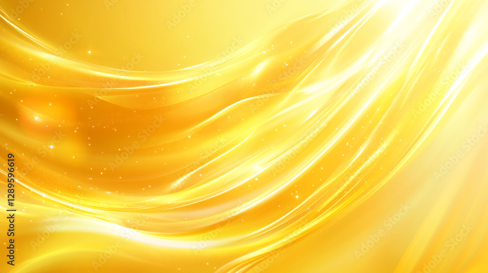 Poster A glowing abstract yellow background with soft flowing lines and sparkling particles, evoking warmth, elegance, and energy with vibrant golden tones.