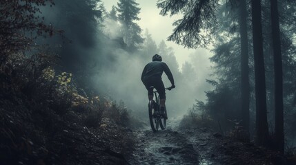 Obraz premium A male mountain biker swiftly navigates through a misty forest trail, surrounded by the allure of the wilderness.