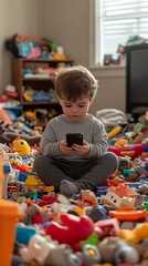 Toddler using phone in toy room