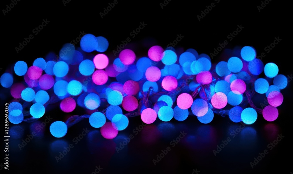 Poster abstract glowing bokeh lights in vibrant shades of blue and pink scattered dynamically on a dark bac
