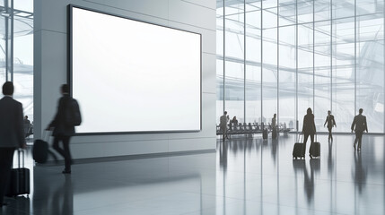 Fototapeta premium Large Blank Advertising Poster Displayed on a Modern Panel in a Busy Airport Terminal with Travelers Carrying Luggage, Natural Light Streaming Through Glass Walls, and a Spacious International Atmosph
