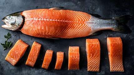 A whole salmon is displayed alongside various cuts salmon fillets The vibrant pink fish portions are ready for cooking, showcasing their freshness and quality, captured in ultra HD