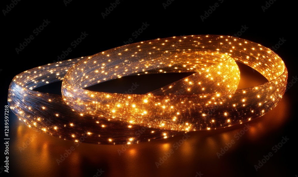 Poster abstract glowing golden light trails flowing dynamically on a dark background illuminated by dramati