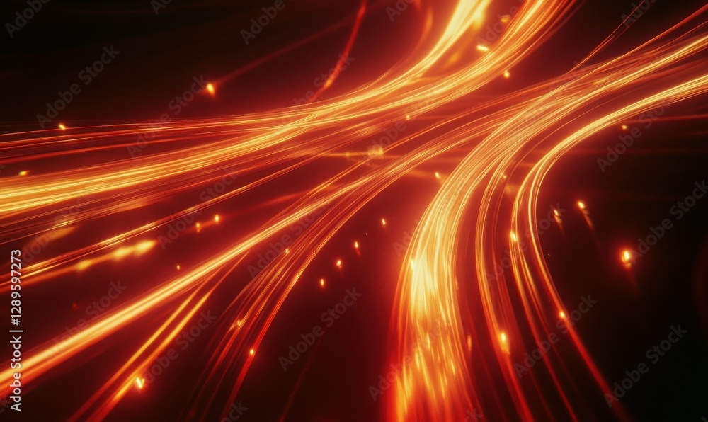 Poster abstract glowing light trails in vibrant shades of red and orange flowing dynamically on a black bac