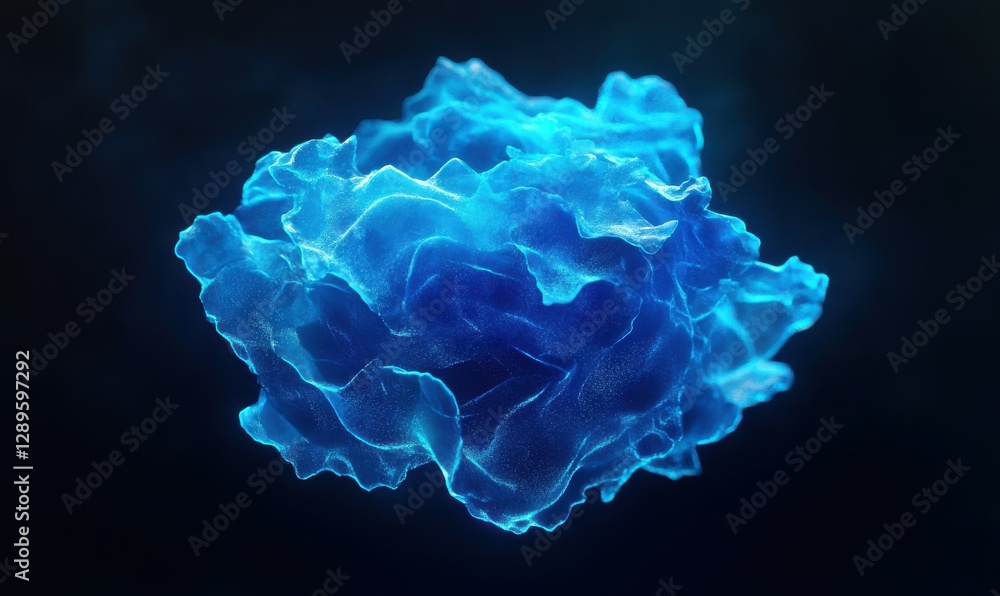 Poster abstract glowing neural network design in vivid blue tones floating against a dark background, symbo
