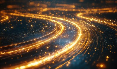 Abstract glowing light trails in vibrant golden tones swirling dynamically, symbolizing motion and energy in a futuristic composition