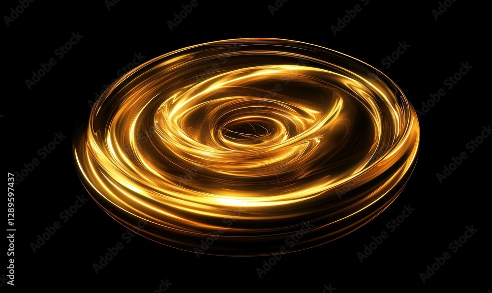 Poster abstract glowing vortex in dynamic golden tones, forming intricate swirling patterns against a sleek