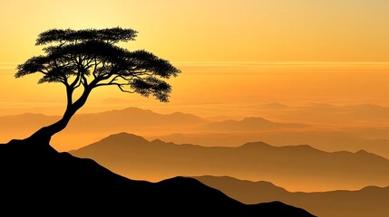 Fototapeta premium Sunset silhouette tree atop mountain range