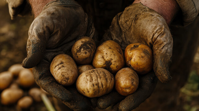 A detailed close-up of a farmer's weathered hands, cradling freshly harvested vegetables, with subtle dirt stains emphasizing hard work