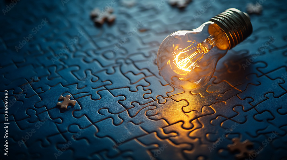 Poster close-up of a glowing lightbulb resting on a puzzle, with a single missing piece, symbolizing proble