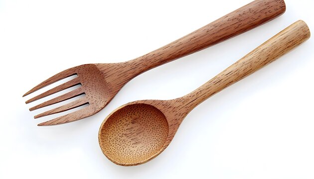 A wooden spoon and fork set, isolated on a white background with full depth field, showcasing natural textures and minimalist design