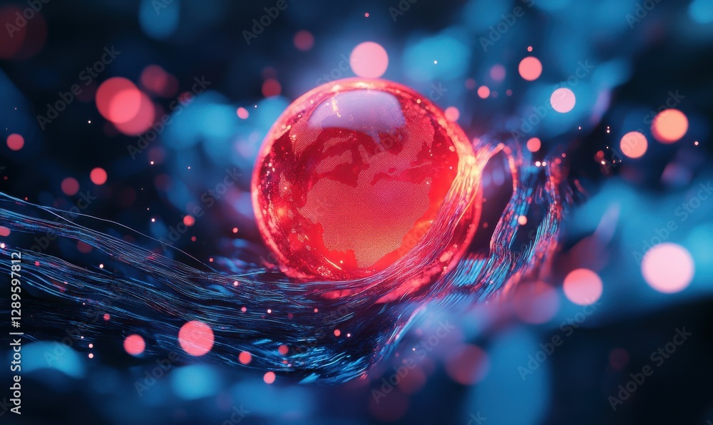 Poster abstract digital rendering of a glowing red globe surrounded by dynamic blue data streams, futuristi