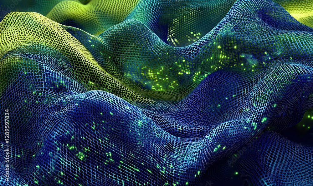 Aufkleber abstract digital wave of glowing particles in blue and green tones, dynamic futuristic design with s