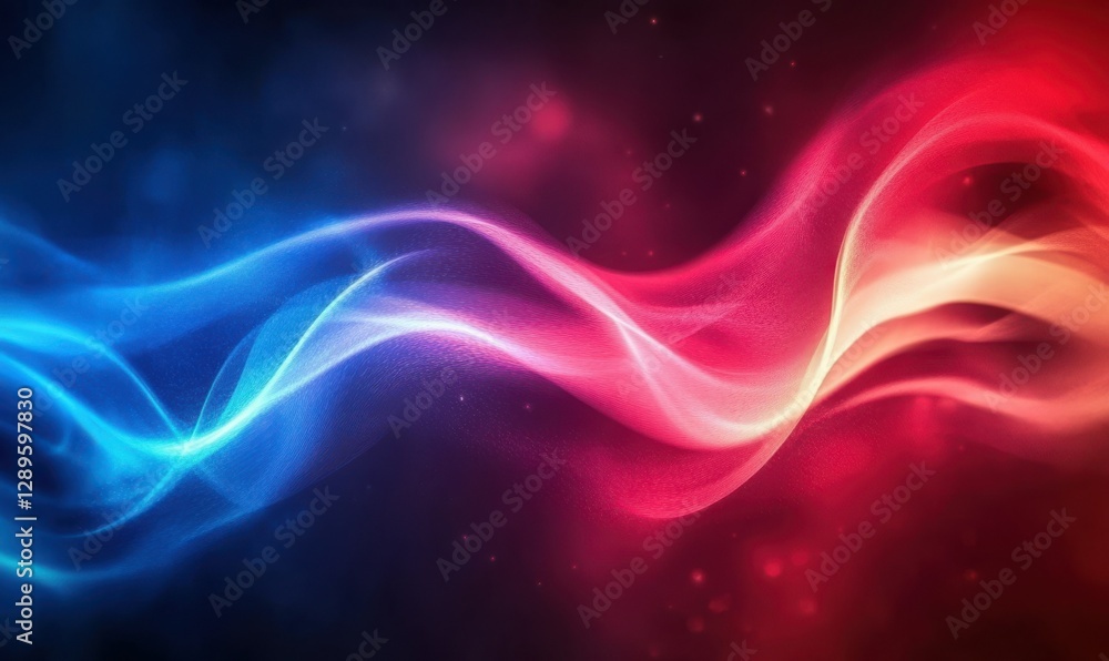Poster abstract energy waves in vibrant red and blue tones, dynamic motion and smooth gradients adding dept
