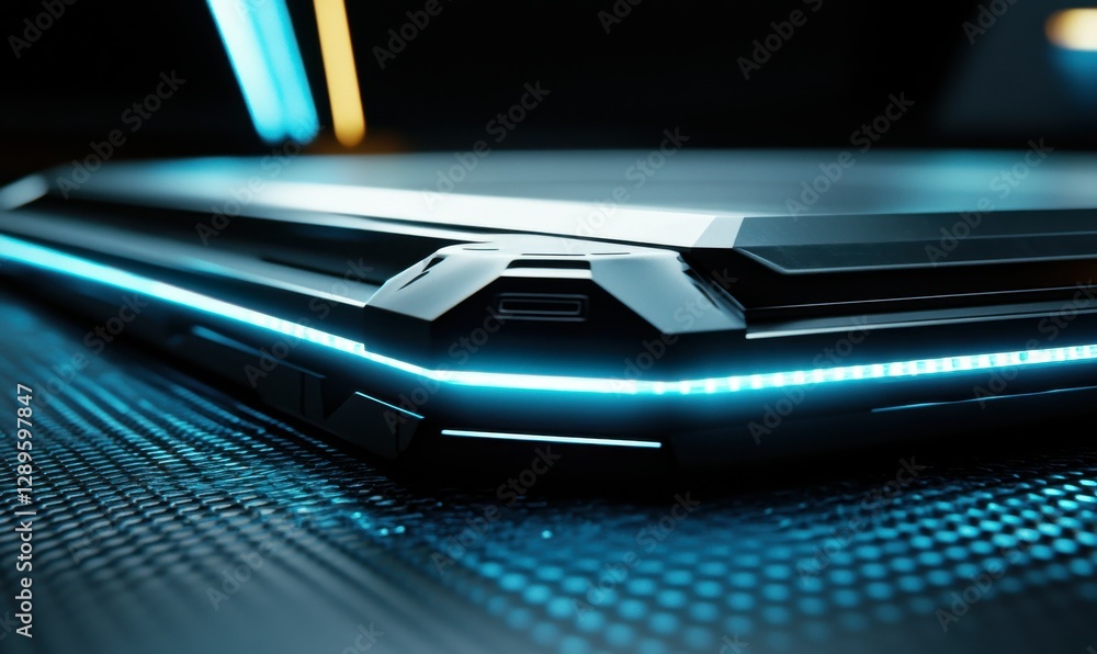 Poster abstract futuristic design with glowing blue circuits, sharp geometric lines and dynamic lighting, h