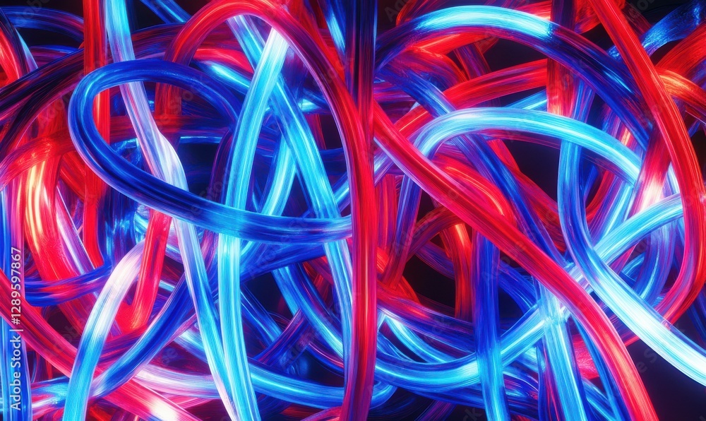 Poster abstract neon art display with glowing red and blue lines, creating a futuristic visual experience.