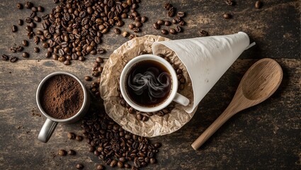 Warm coffee making essentials   steaming cup fresh grounds and pour over cone on rustic wood in soft light Perfect for caffeine lovers