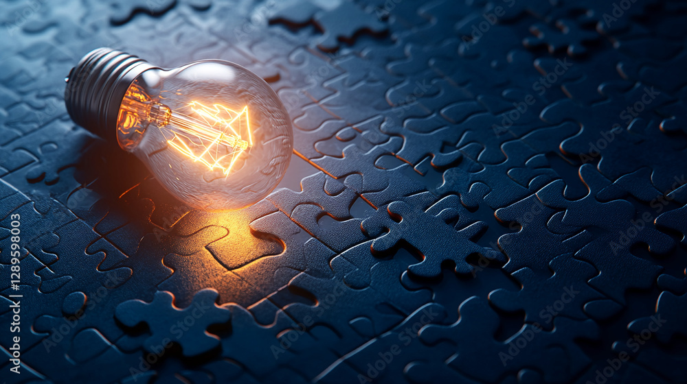 Poster close-up of an illuminated lightbulb resting on a puzzle, symbolizing creativity, problem-solving, a