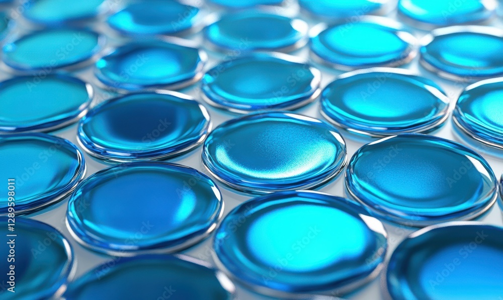 Poster abstract pattern of circular blue glass tiles arranged in a geometric design, reflective surfaces an