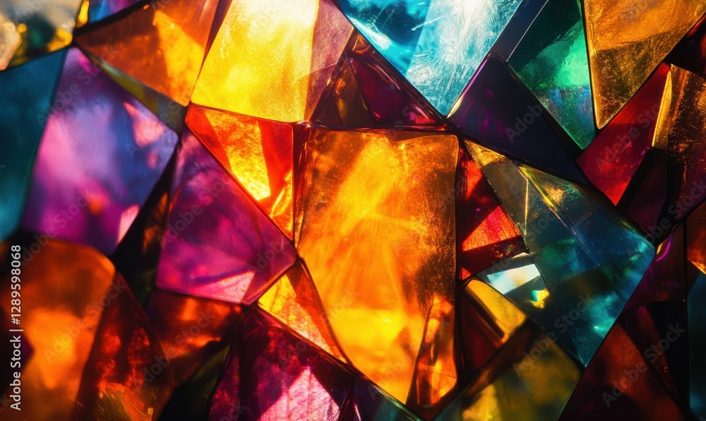 Poster abstract patterns of colorful glass shards illuminated by sunlight, creating a kaleidoscope of vibra
