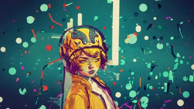 Anime Style Cartoon Cyberpunk Girl in a Crash Helmet on a Graffiti Background. Looping. Animated Wallpaper. VJ / Vtuber / Streamer Backdrop. Seamless Loop.