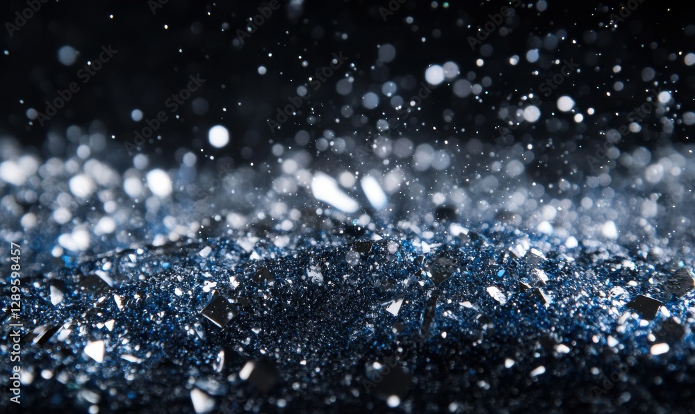 Poster abstract shimmering blue and silver particles scattered across a dark background illuminated by soft