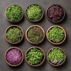 Flat-lay of assorted fresh microgreens in wooden bowls on dark background