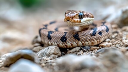 Obraz premium Snake coiled on rocks, nature background, wildlife photography, for websites