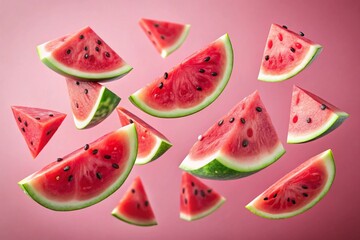 Slices of fresh juicy watermelon falling on light pink background