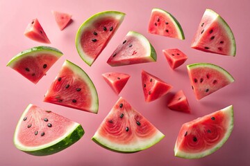 Slices of fresh juicy watermelon falling on light pink background