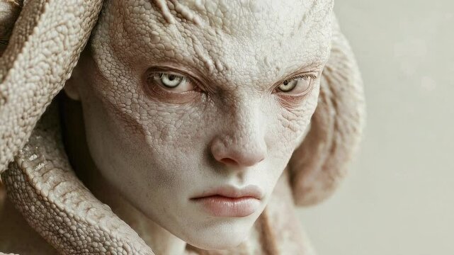 Beautiful Scaled Humanoid Alien with Tentacles Staring at the Camera with Gray Eyes. Looping. Animated Background / Wallpaper. VJ / Vtuber / Streamer Backdrop. Seamless Loop.