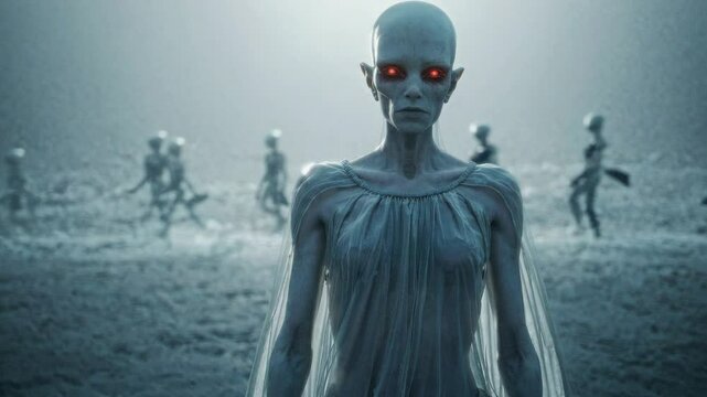 A Scary Alien Queen Stares at the Camera as Her Invasion Force Marches behind Her. Looping. Animated Background / Wallpaper. VJ / Vtuber / Streamer Backdrop. Seamless Loop.