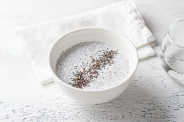 Healthy Chia Seed Pudding in White Bowl with Spoon and Dry Chia Seeds on Light Background